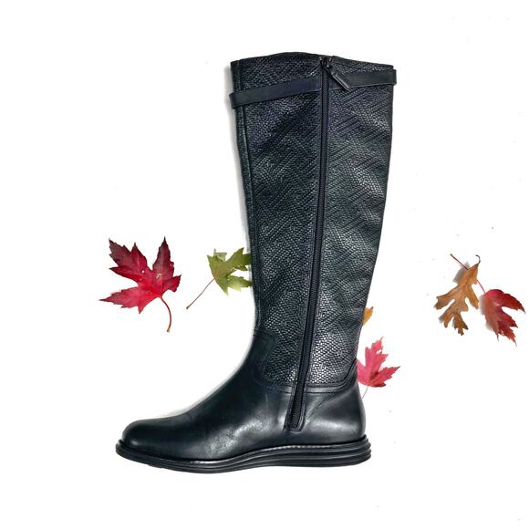Cole Haan Grand.OS Black Textured Leather Tall Riding Boots | Classic Equestrian - Picture 10 of 16